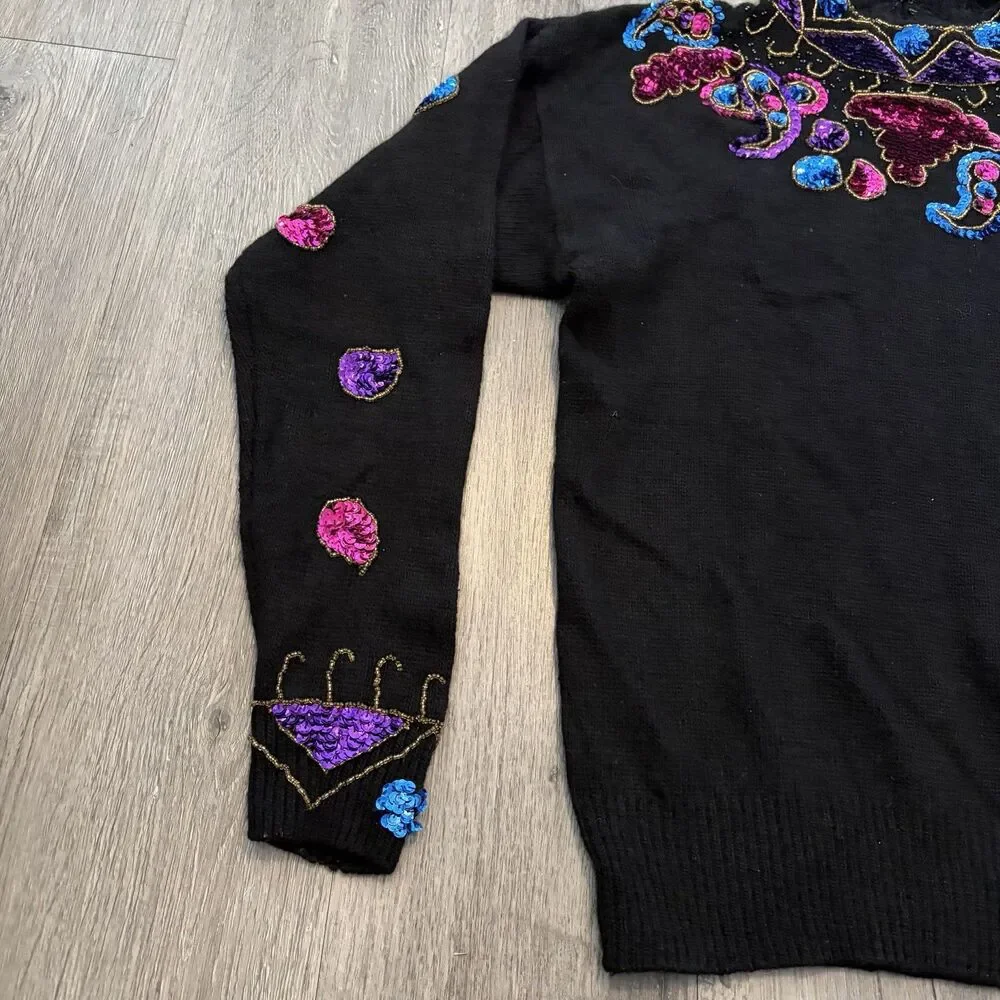 Vintage 80s Sweater Joule Energy Womens Medium Black Pink Bead Gems Angoral Silk